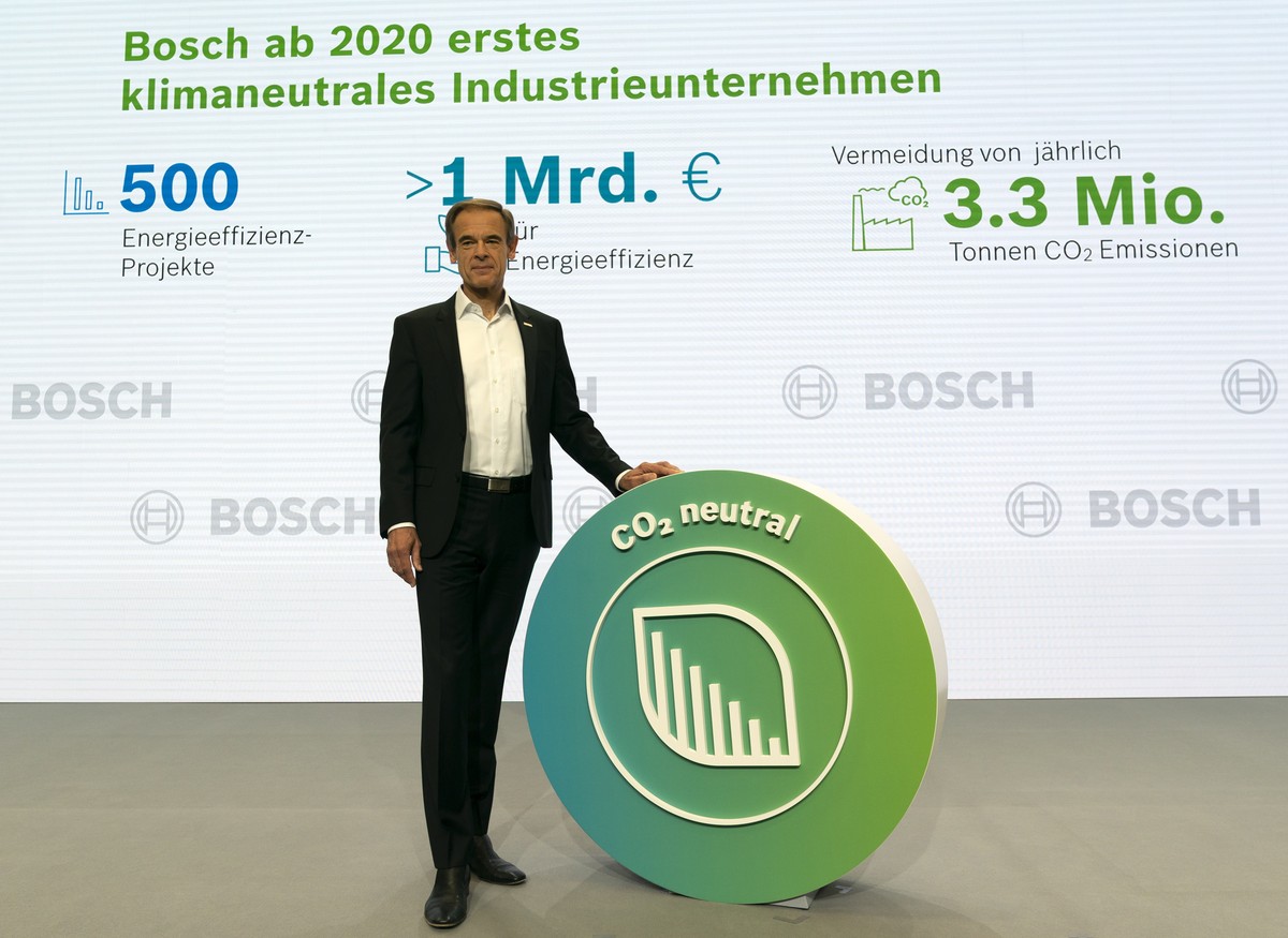 epa07557250 Volkmar Denner, Chief Executive Officer (CEO) of Robert Bosch GmbH, poses next to a Logo of CO2 before the annual press conference in Renningen, Germany, 09 May 2019. World's largest  ...