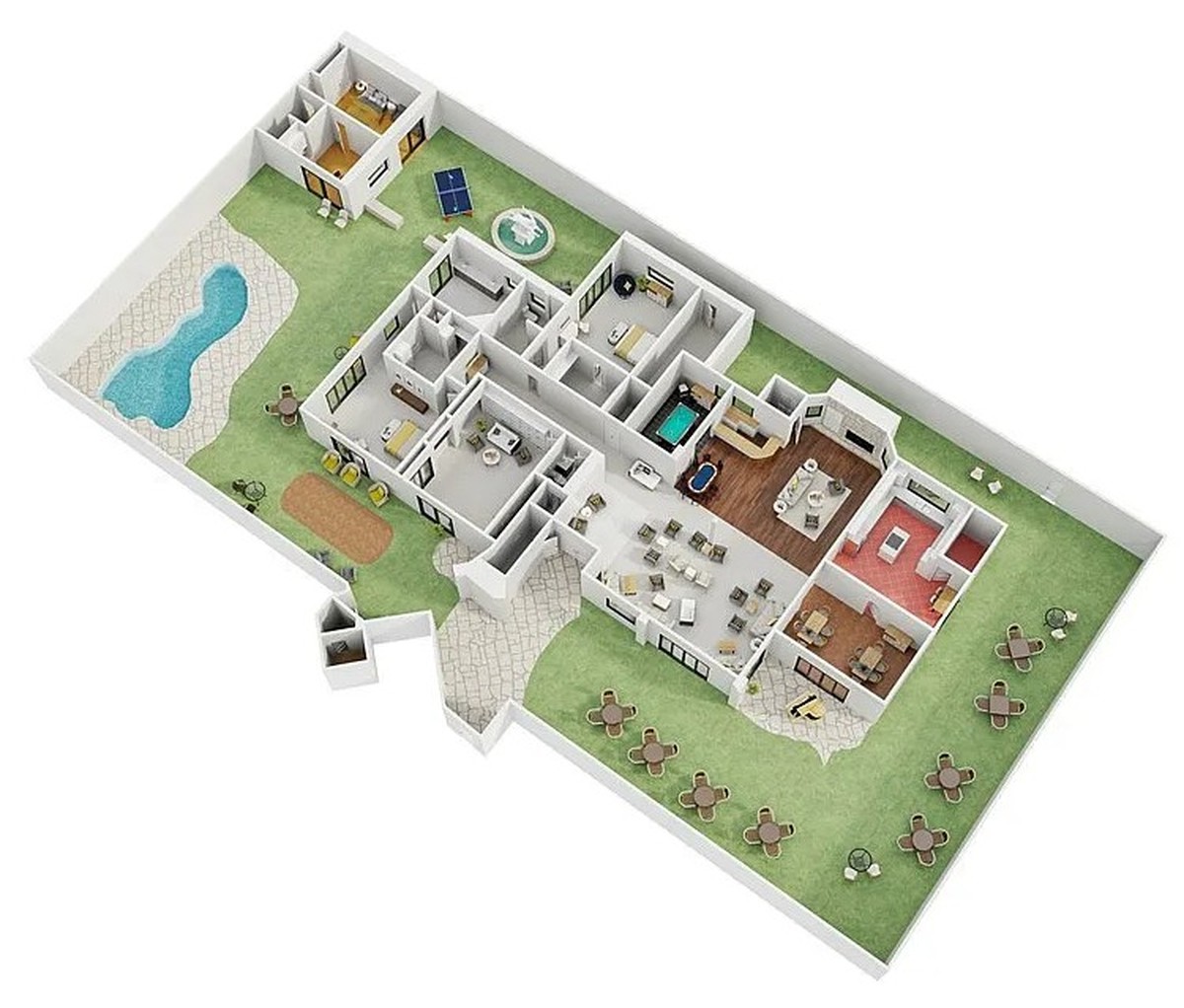 Vue d’ensemble du complexe souterrain. On y aperçoit la table de ping-pong, la fontaine, la maison d’amis et la salle de billard.