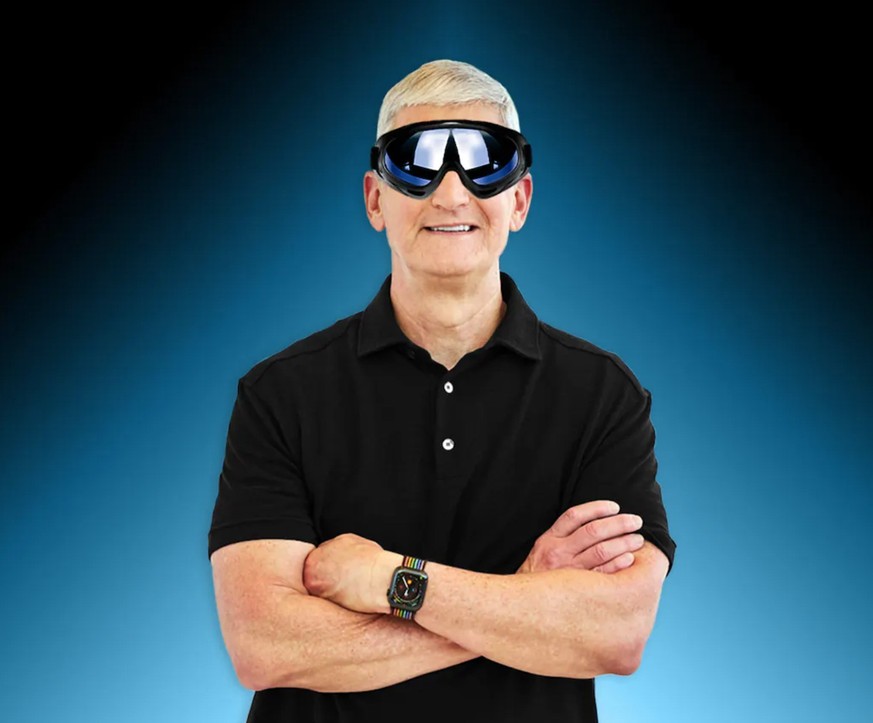 Gewöhnungsbedürftige Visualisierung: Tim Cook mit skibrillenartigem Headset.