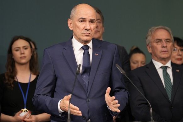 Outgoing Slovenian Prime Minister Janez Jansa addresses the media in Ljubljana, Slovenia, Sunday, April 24, 2022. Early official results of Sunday&#039;s parliamentary election in Slovenia show that a ...