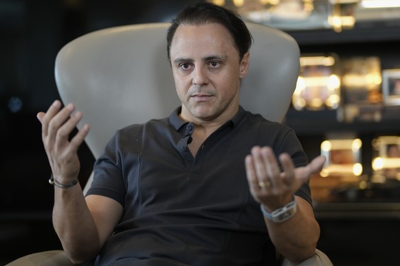 Former Formula One driver Felipe Massa speaks during an interview at his home in Sao Paulo, Brazil, Thursday, Aug. 31, 2023. Massa sent a letter to the FIA accusing auto racing&#039;s governing body o ...
