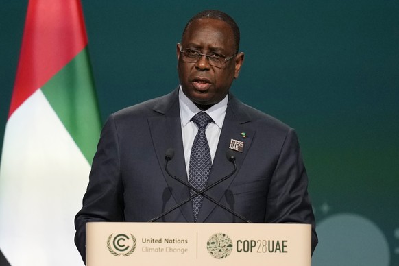 FILE - Senegalese President Macky Sall speaks during a plenary session at the COP28 UN climate summit, Friday, December 12.  January 1, 2023 in Dubai, United Arab Emirates.  Senegalese President Macky Sall on Saturday...