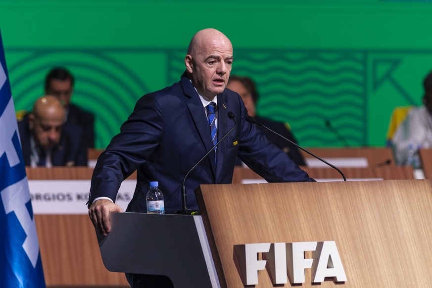 FIFA president Gianni Infantino speaks at the 73rd FIFA Congress, held in Kigali, Rwanda Thursday, March 16, 2023. Infantino was re-elected by acclaim to another four-year term on Thursday after sugge ...