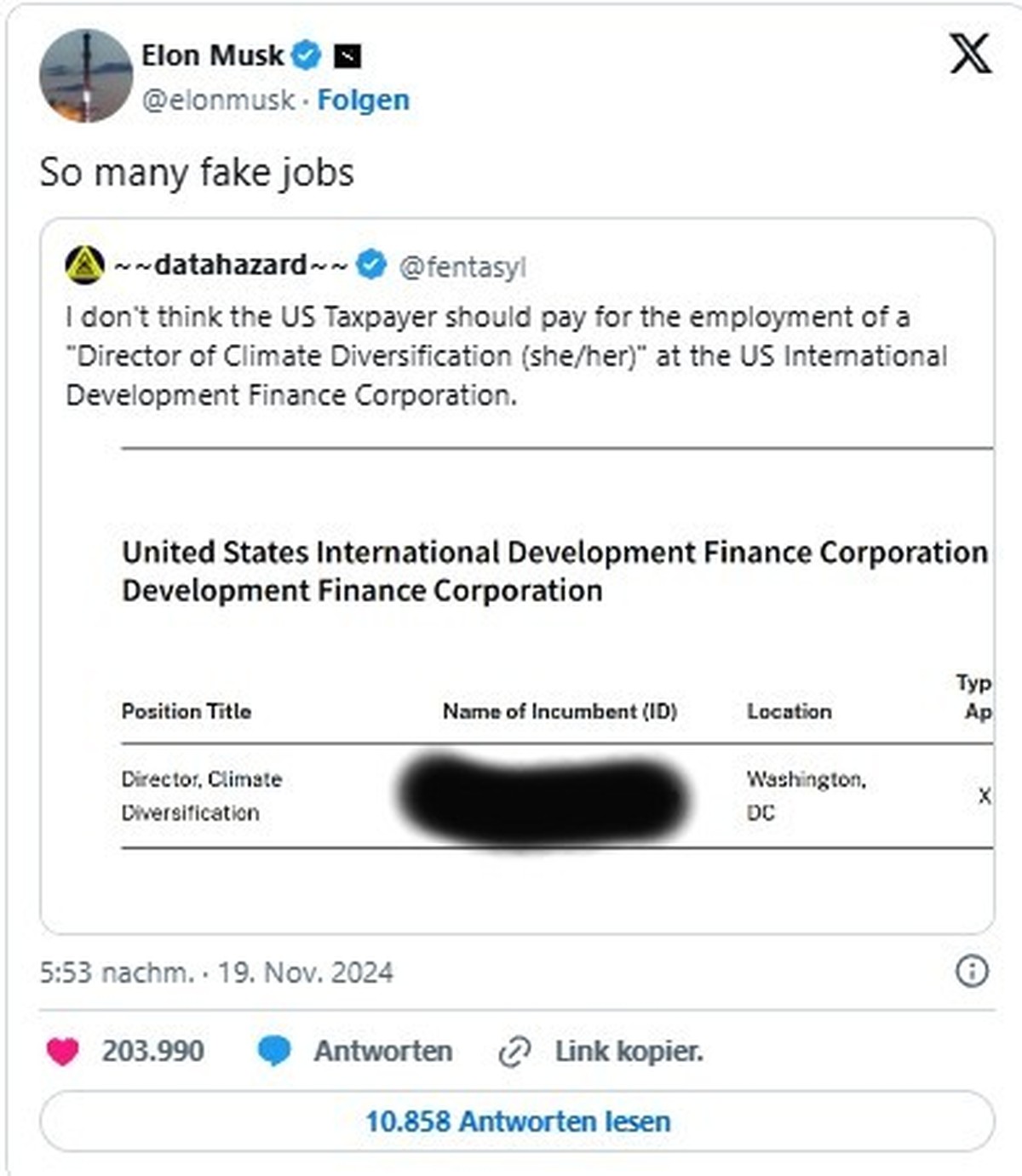 Screenshot von Musks X-Profil, den Klarnamen hat watson unkenntlich gemacht.