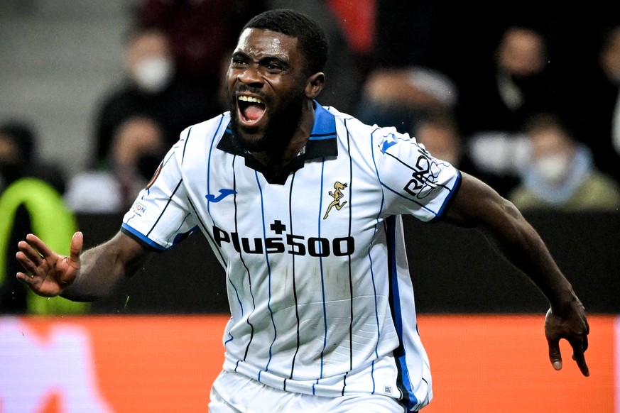 epa09832062 Atalanta&#039;s Jeremie Boga celebrates after scoring the 1-0 lead during the UEFA Europa League round of 16 second leg soccer match between Bayer 04 Leverkusen and Atalanta BC at BayArena ...