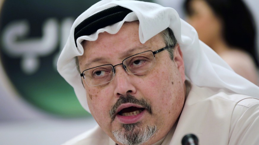 FILE - In this Dec. 15, 2014, file photo, Saudi journalist Jamal Khashoggi speaks during a press conference in Manama, Bahrain. An independent U.N. human rights expert says authorities in Saudi Arabia ...