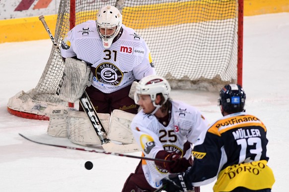 Genv&#039;s goalkeeper Stéphane Charlin, during the preliminary round game of National League A (NLA) Swiss Championship 2019/20 between HC Ambri Piotta and GE Servette at the ice stadium Valascia in  ...