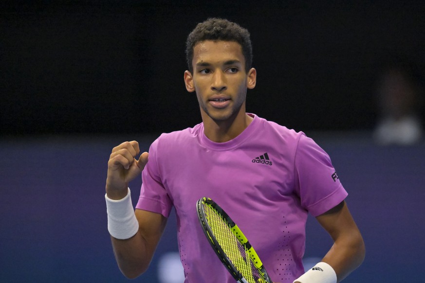 Canada&#039;s Felix Auger-Aliassime reacts during his quarterfinal match against Kazakhstan&#039;s Alexander Bublik at the Swiss Indoors tennis tournament at the St. Jakobshalle in Basel, Switzerland, ...