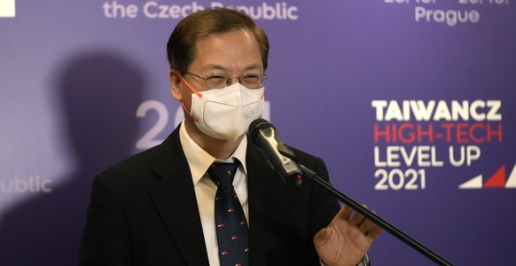 The minister of national development Kung Ming-hsin addresses media during a press conference in Prague, Czech Republic, Monday, Oct. 25, 2021. Taiwan&#039;s government ministers have visited the Czec ...