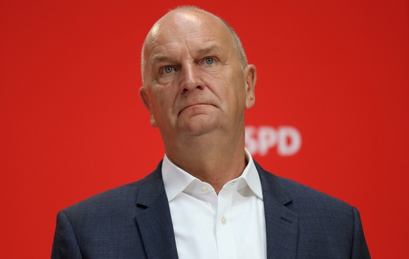 epa07812355 Brandenburg Premier and chairman of the Social Democratic Party (SPD) Dietmar Woidke attends a press conference at the SPD&#039;s headquarters in Berlin, Germany, 02 September 2019. The SP ...