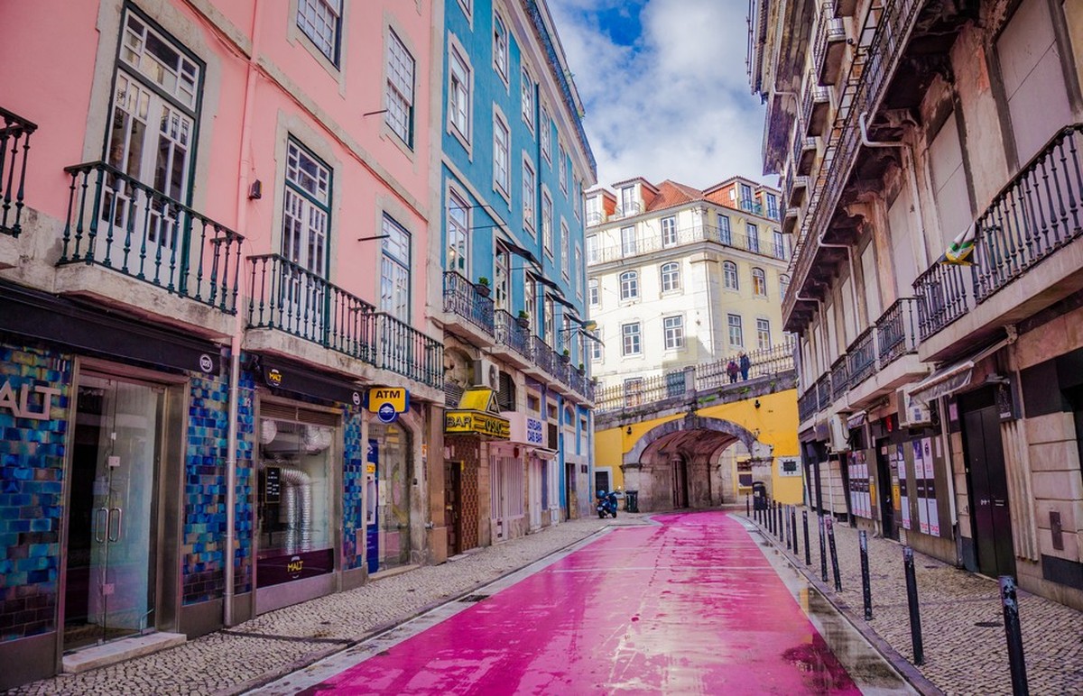 LISBON, PORTUGAL - MARCH 25, 2017: Rua Nova Do Carvalho - Lisbon Pink Street with bars. The Heart Of Lisbon&amp;#039;s Night Life in the daytime with no people
