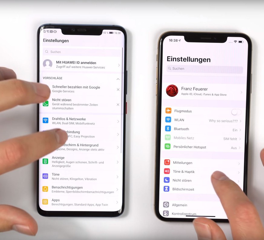 Mate 20 Pro (links) und iPhone XS Max: Sowohl beim Design als auch bei der Software muss man die Unterschiede mit der Lupe suchen.