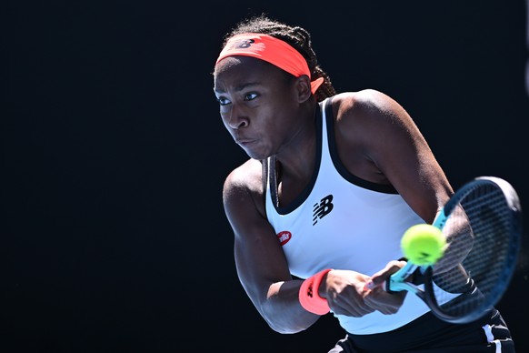 epa10417052 Coco Gauff of the US in action against Bernarda Pera of the US during their third round match at the 2023 Australian Open tennis tournament at Melbourne Park in Melbourne, Australia, 20 Ja ...