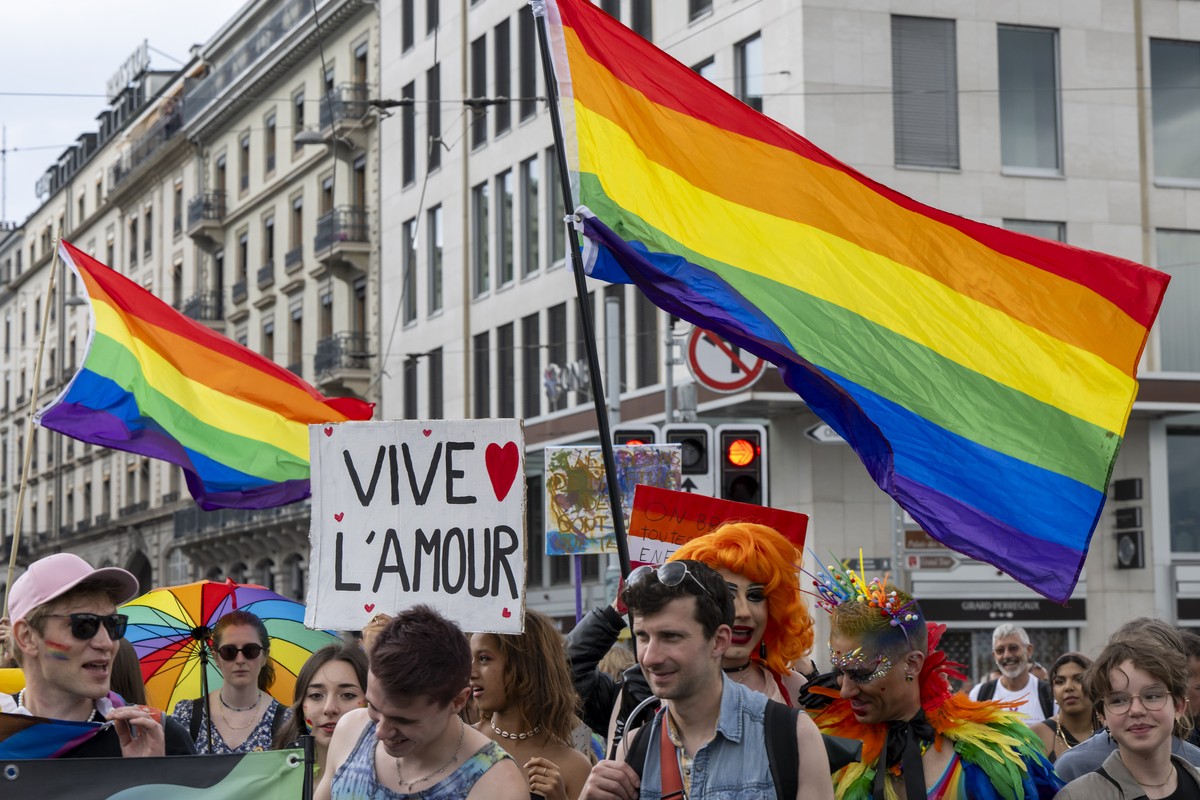 People march in the streets for the rights of the LGBTIQ+ community during the major Romandie Pride March in Geneva, Switzerland, Saturday, June 07, 2025. The Geneva Pride association, which organizes ...
