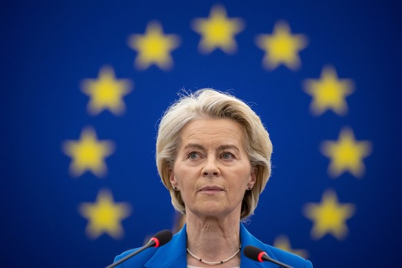 epa12435182 European Commission President Ursula von der Leyen speaks during a plenary session at the European Parliament in Strasbourg, France, 06 October 2025. The plenary session, which runs from 0 ...