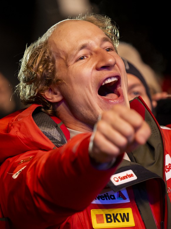 Marco Odermatt of Switzerland celebrates during the medals ceremony of the men&#039;s Downhill race at the 2025 FIS Alpine World Ski Championships, in Saalbach-Hinterglemm, Austria, Sunday, February 9 ...