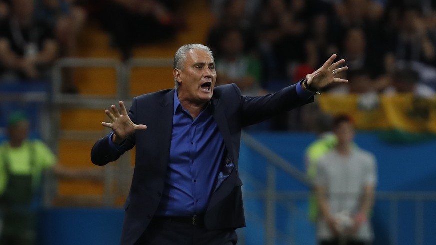 Brazil head coach Tite gestures during the group E match between Brazil and Switzerland at the 2018 soccer World Cup in the Rostov Arena in Rostov-on-Don, Russia, Sunday, June 17, 2018. (AP Photo/Dark ...