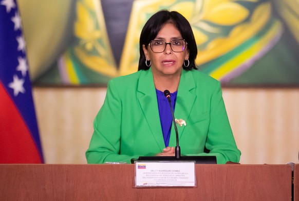 epa12622745 (FILE) - Vice President of Venezuela, Delcy Rodriguez speaks during a meeting of the High Commission for the Defense of Guayana Esequiba, in Caracas, Venezuela, 11 December 2023 (re-issued ...