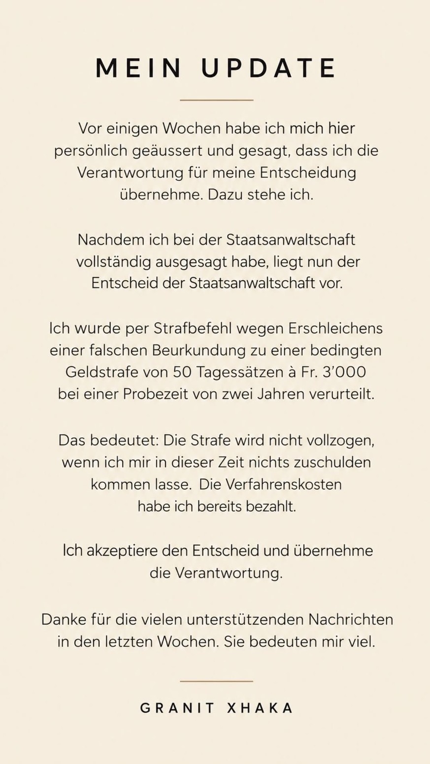 Granit Xhaka gibt das Urteil im Fall seiner Urkundenfälschung auf instagram bekannt.