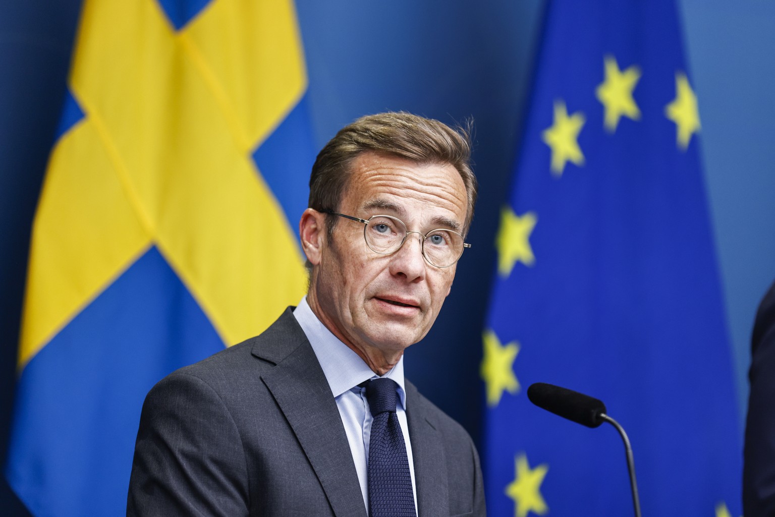 epa10779661 Sweden&#039;s Prime Minister Ulf Kristersson speaks during a press conference about measures to protect Swedish citizens, in Stockholm, Sweden, 01 August, 2023. Following the recent Koran  ...