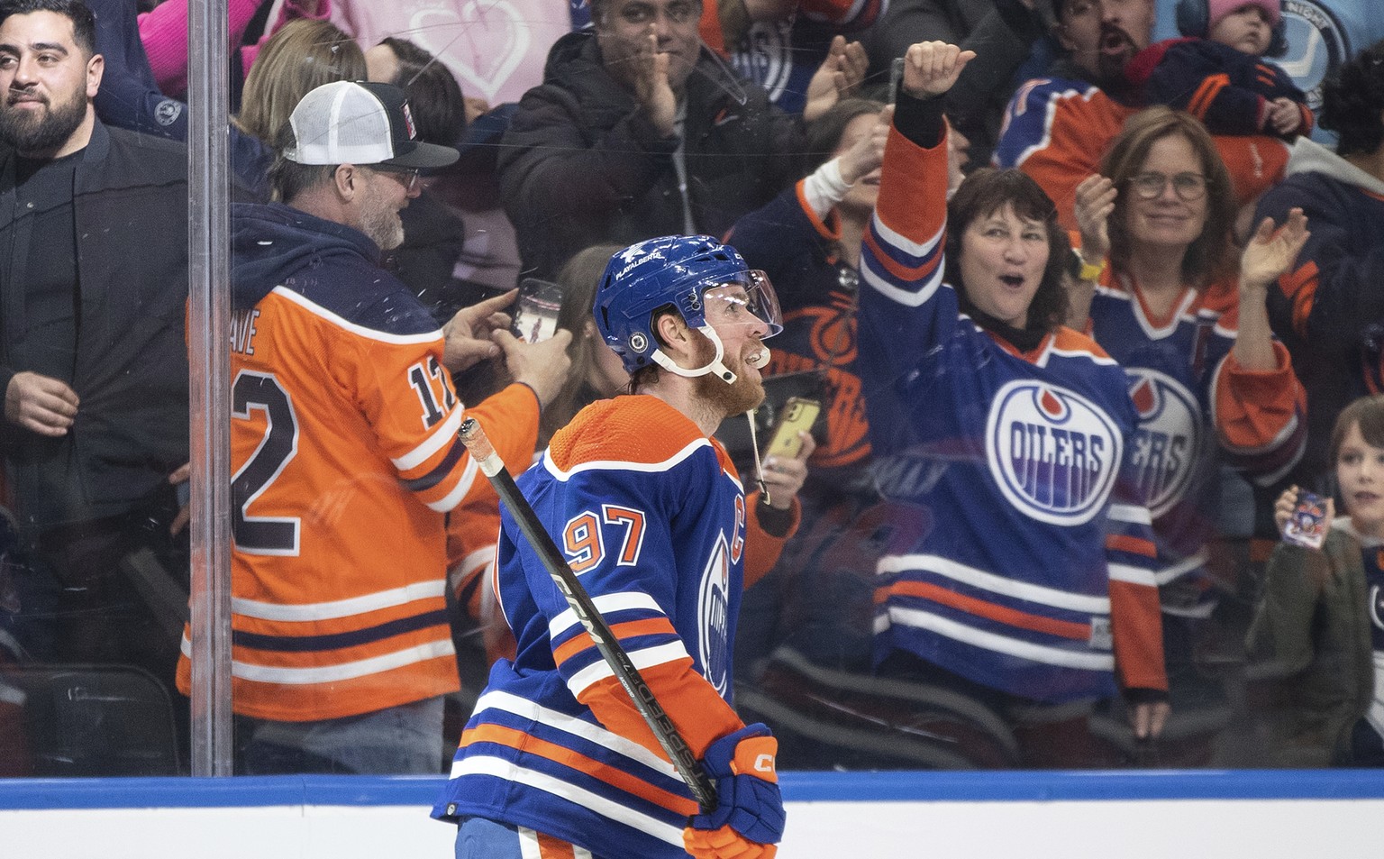 Edmonton Oilers&#039; Connor McDavid (97) celebrates an overtime goal against the St. Louis Blues in an NHL hockey game Wednesday, Feb. 28, 2024, in Edmonton, Alberta. (Jason Branson/The Canadian Pres ...