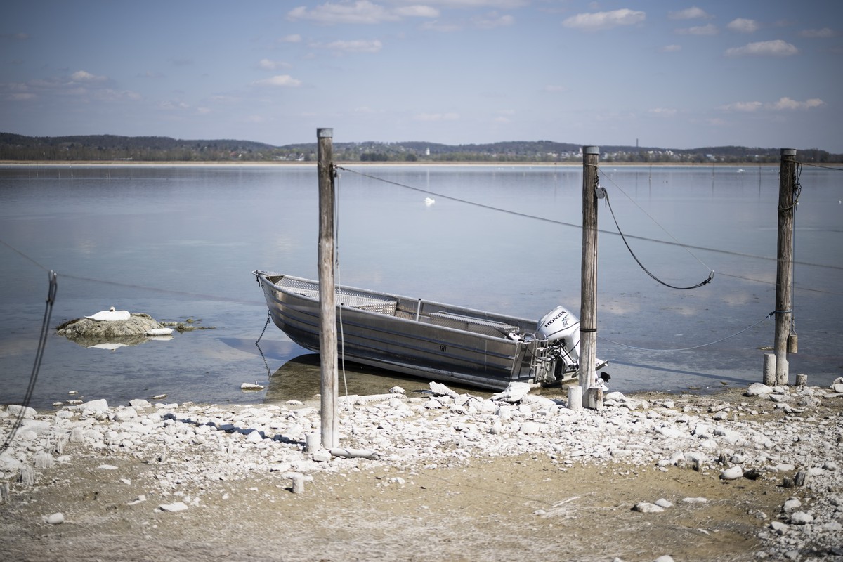 Ein Boot liegt im seichten Wasser am Untersee, aufgenommen am Mittwoch 9. April 2025 im thurgauischen Ermatingen. Wegen zu wenig Regen und Schmelzwasser ist der Wasserstand am Bodensee sehr niedrig. ( ...