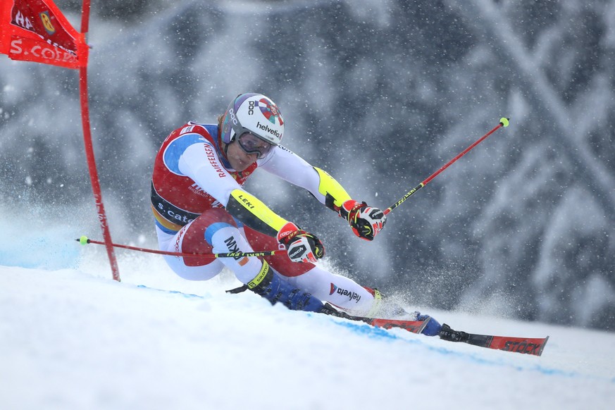 Switzerland&#039;s Marco Odermatt competes during the first run of an alpine ski, World Cup men&#039;s giant slalom in Santa Caterina Valfurva, Italy, Saturday, Dec. 5, 2020. (AP Photo/Gabriele Faccio ...