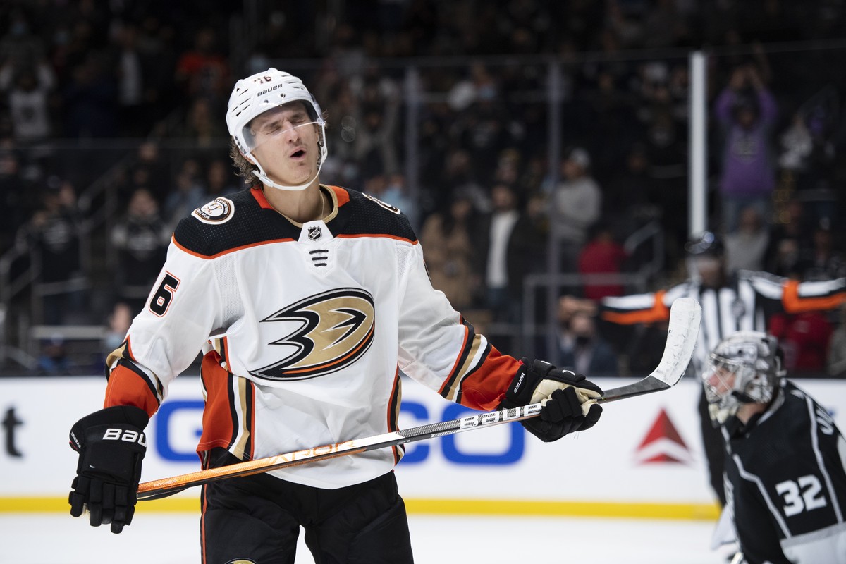 Anaheim Ducks center Trevor Zegras reacts after missing a shot in the shootout of the team's NHL preseason hockey game against the Los Angeles Kings on Saturday, Oct. 9, 2021 in Los Angeles. (AP  ...