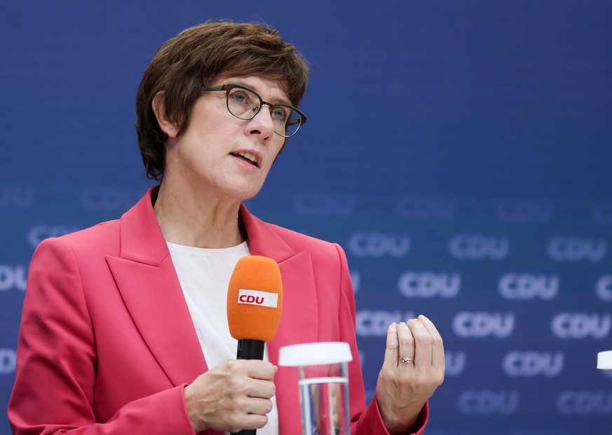 epa09459431 German Defence Minister Annegret Kramp Karrenbauer speaks during a press conference as the Christian Democratic Union (CDU) party presents their &#039;Agenda for a Safe Germany&#039; campa ...