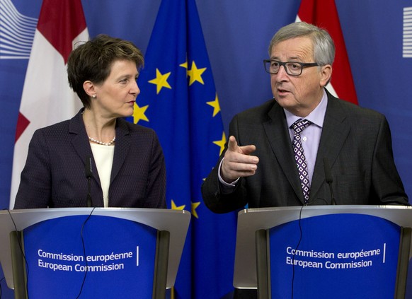 European Commission President Jean-Claude Juncker, right, and President of the Swiss Confederation Simonetta Sommaruga participate in a media conference after a meeting at EU headquarters in Brussels  ...