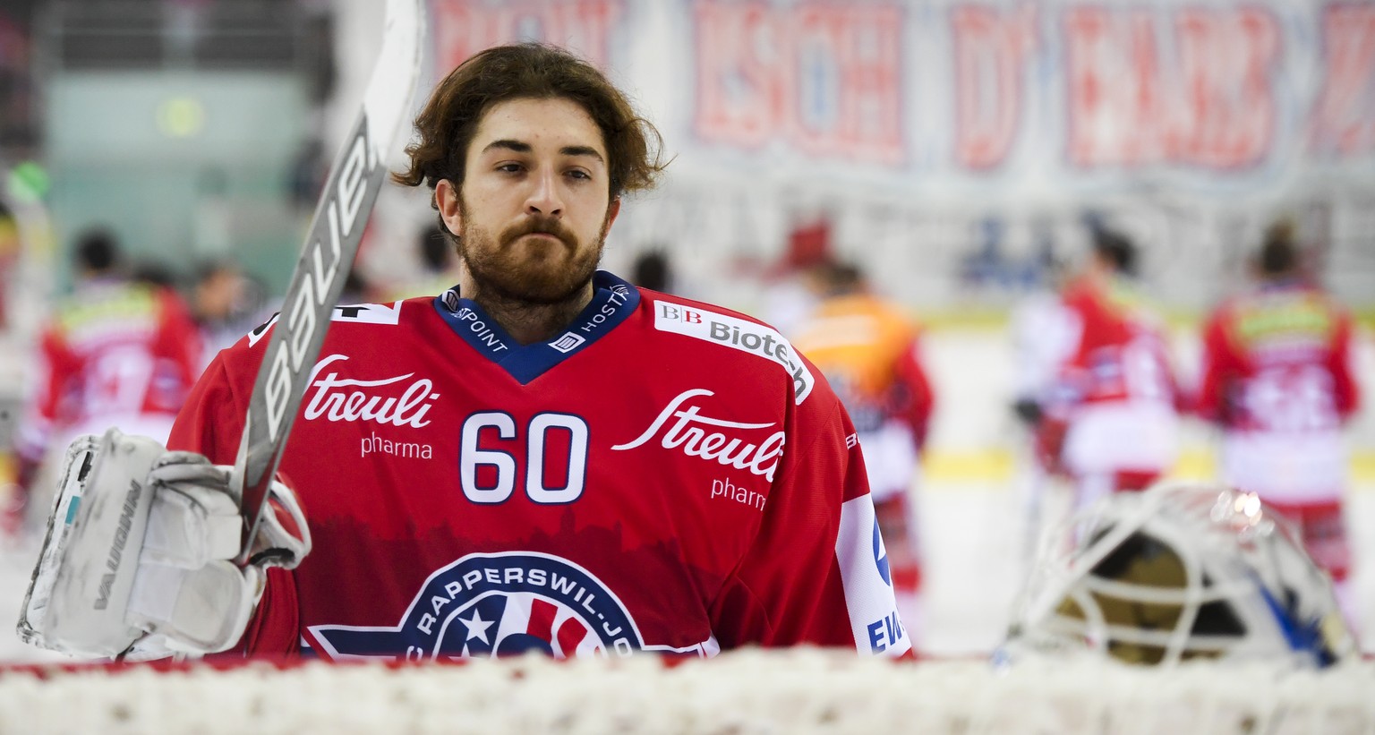 Torhueter Melvin Nyffeler von Rapperswil, im ersten Playoff-Finalspiel der Eishockey Swiss League zwischen den SC Rapperswil-Jona Lakers und dem EHC Olten, am Donnerstag, 29. Maerz 2018, in der St. Ga ...