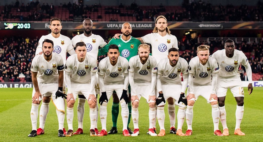 LONDON, ENGLAND - FEBRUARY 22: Ostersunds FK team photo Aly Keita (1) of Ostersunds FK, Saman Ghoddos (93) of Ostersunds FK, Sotirios Papagiannopoulos (4) of Ostersunds FK, Tom Pettersson (2) of Oster ...