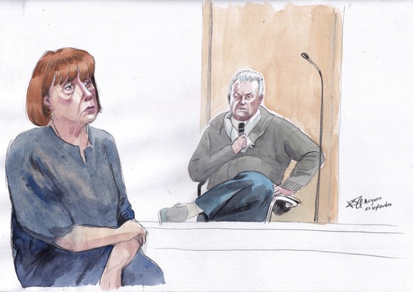 FILE - This courtroom sketch by Valentin Pasquier shows Gis�le Pelicot, left, and her ex-husband Dominique Pelicot, right, during his trial at the courthouse in Avignon, southern France, on Sept. 17,  ...