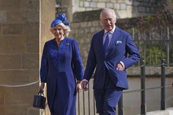 FILE - Britain&#039;s King Charles III and Camilla, the Queen Consort attend the Easter Mattins Service at St George&#039;s Chapel at Windsor Castle in Windsor, England, Sunday April 9, 2023. King Cha ...