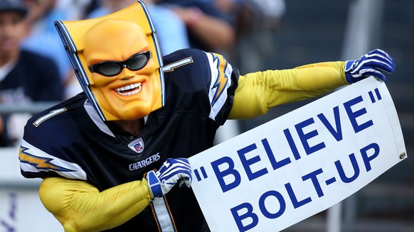 SAN DIEGO, CA - OCTOBER 19: The Chargers fan know as &quot;Boltman&quot; holds a sign during the game between the San Diego Chargers and the Kansas City Chiefs at Qualcomm Stadium on October 19, 2014  ...