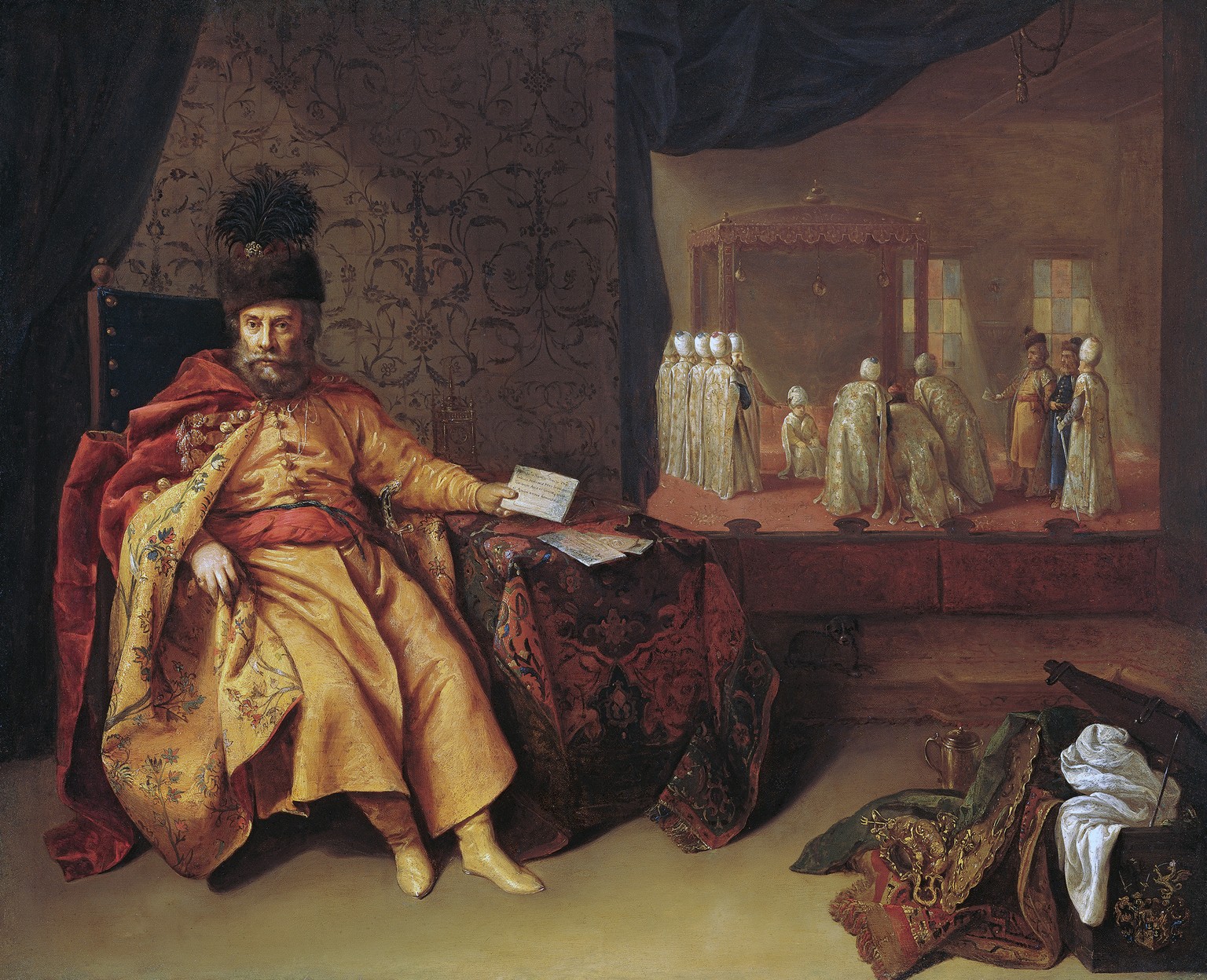 Johann Rudolf Schmid von Schwarzenhorn als kaiserlicher Grossbotschafter um 1651. Er hält ein Schreiben an den Sultan in der Hand. Gemälde von Jeronimus Joachims, 1651.