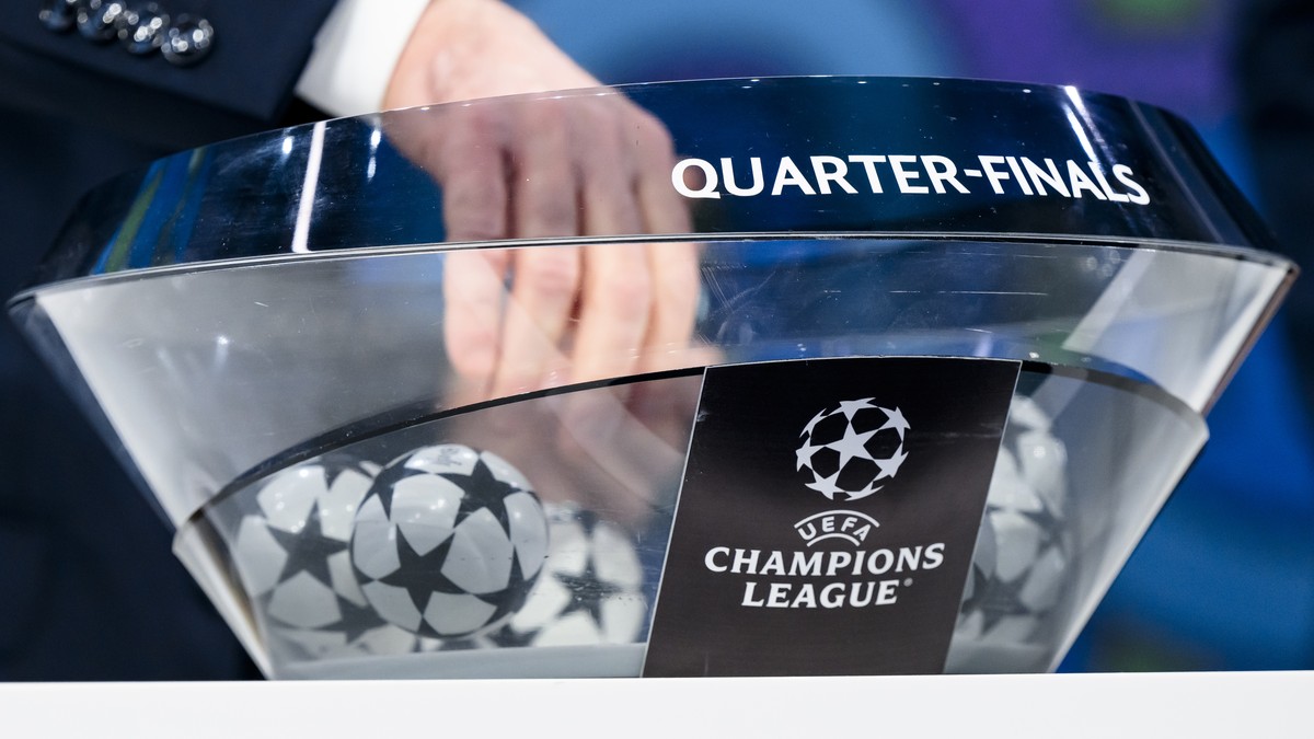 Balls with team names are pictured during the quarter-final draw of the UEFA Champions League 2023/24, at the UEFA Headquarters, in Nyon, Switzerland, Friday, March 15, 2024. (KEYSTONE/Jean-Christophe ...