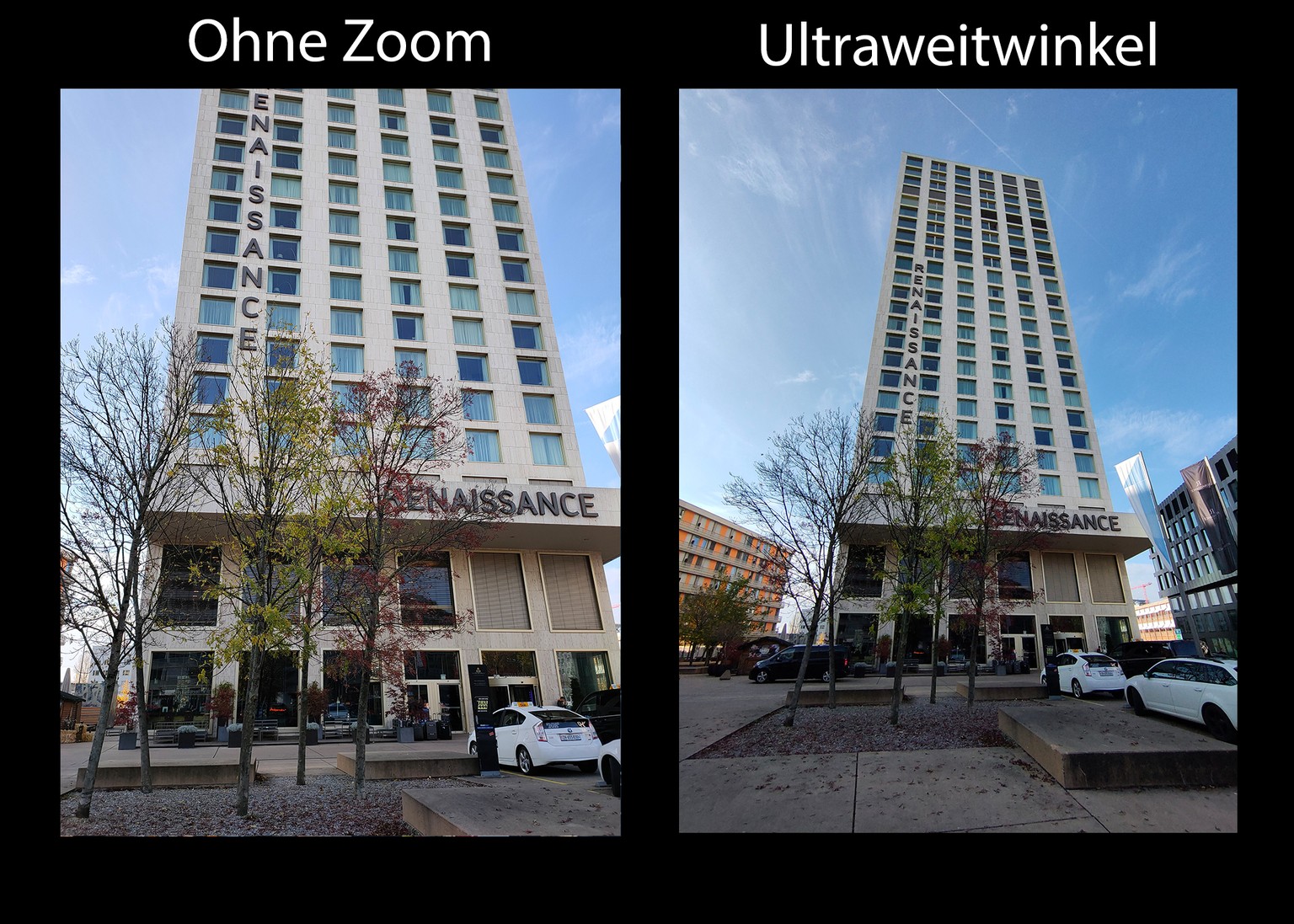 Beide Fotos wurden von der gleichen Stelle aus geschossen: Links im Automatikmodus, rechts mit dem Ultraweitwinkel-Modus.