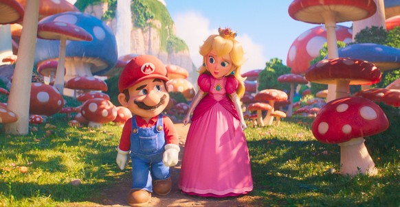 This image released by Nintendo and Universal Studios shows Mario, voiced by Chris Pratt, left, and Princess Peach, voiced by Anya Taylor-Joy, in Nintendo&#039;s &quot;The Super Mario Bros. Movie.&quo ...