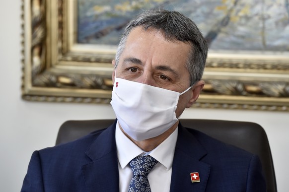 epa09121777 Swiss Foreign Minister Ignazio Cassis looks on during a meeting with Lebanese Minister of Foreign Affairs and Emigrants Charbel Wehbe at the Foreign Ministry in Beirut, Lebanon, 08 April 2 ...