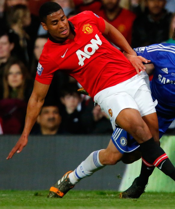 MANCHESTER, ENGLAND - MAY 14: Saidy Janko (L) of Manchester United in action with John Swift of Chelsea during the Barclays Under-21 Premier League Final match between Manchester United and Chelsea at ...