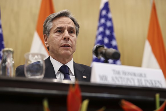 U.S. Secretary of State Antony Blinken speaks during a joint news conference with Indian Foreign Minister Subrahmanyam� Jaishankar at Jawaharlal Nehru Bhawan (JNB) in New Delhi, India, Wednesday, July ...