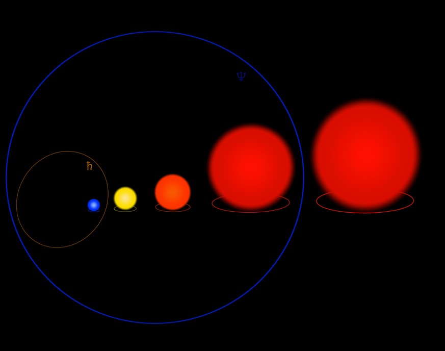 Comparison of the sizes of selected different stars. From left to right are Cygnus OB2 #12, V382 Carinae, V915 Scorpii, UY Scuti and Stephenson 2-18. Orbits of Saturn and Neptune are also shown for co ...