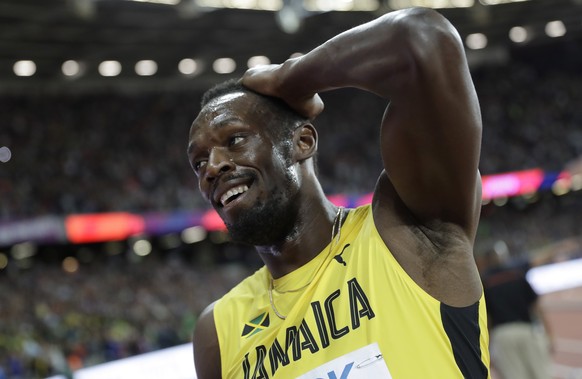 Jamaica&#039;s Usain Bolt bids farewell after placing third in the men&#039;s 100m final during the World Athletics Championships in London Saturday, Aug. 5, 2017. (AP Photo/Matthias Schrader)