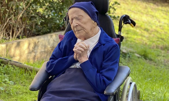 This photo, taken by the communications manager of the Sainte-Catherine Laboure care home, shows Lucile Randon, sister Andre's birth name, in Toulon, southern France, Wednesday, February 10, 2021. A 116-year-old ...