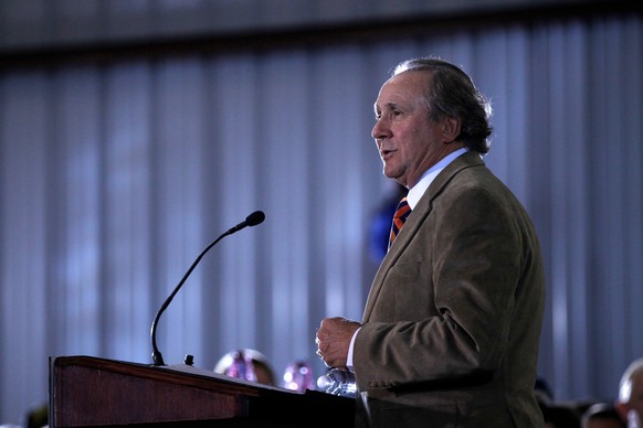 FILE - Michael Reagan, the son of former President Ronald Reagan, introduces Republican presidential candidate, former House Speaker Newt Gingrich during a campaign stop, Jan. 30, 2012, in Pensacola,  ...