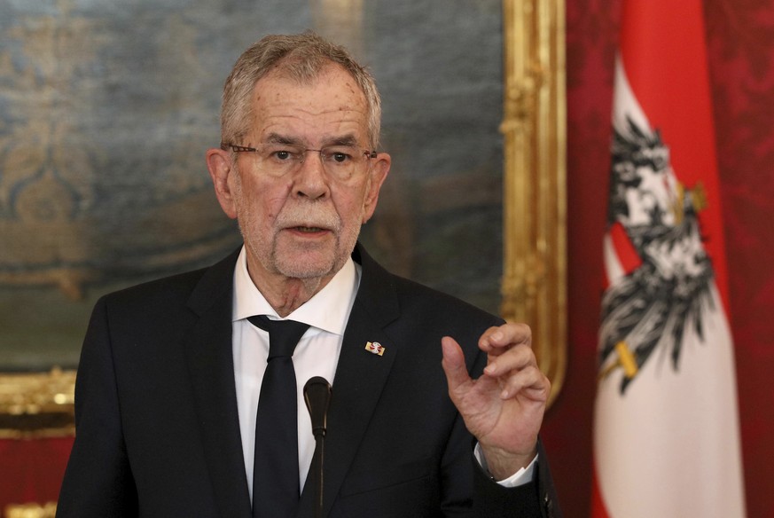 FILE - In this Monday, Feb. 19, 2018 file photo, Austrian President Alexander van der Bellen addresses the media after talks with Slovak President Andrej Kiska at the Hofburg palace in Vienna, Austria ...