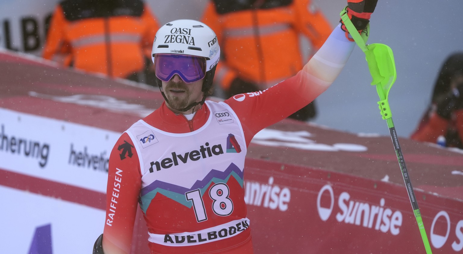 Switzerland&#039;s Marco Rochat celebrates at the finish area of an alpine ski, men&#039;s World Cup slalom race, in Adelboden, Switzerland, Sunday, Jan. 7, 2024. (AP Photo/Giovanni Auletta)