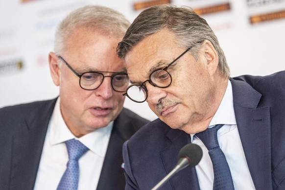 IIHF General Secretary Horst Lichtner and IIHF President Rene Fasel, from left, during the press conference at the IIHF 2019 World Ice Hockey Championships, at the Ondrej Nepela Arena in Bratislava, S ...