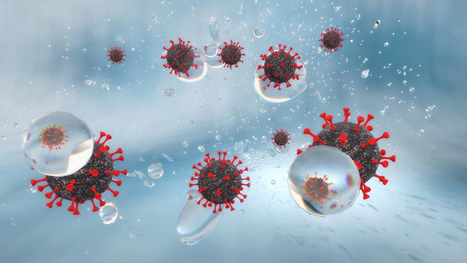 Darstellung von an Aerosolen angedockten SARS-CoV-2, Coronavirus, Covid-19, Infektion